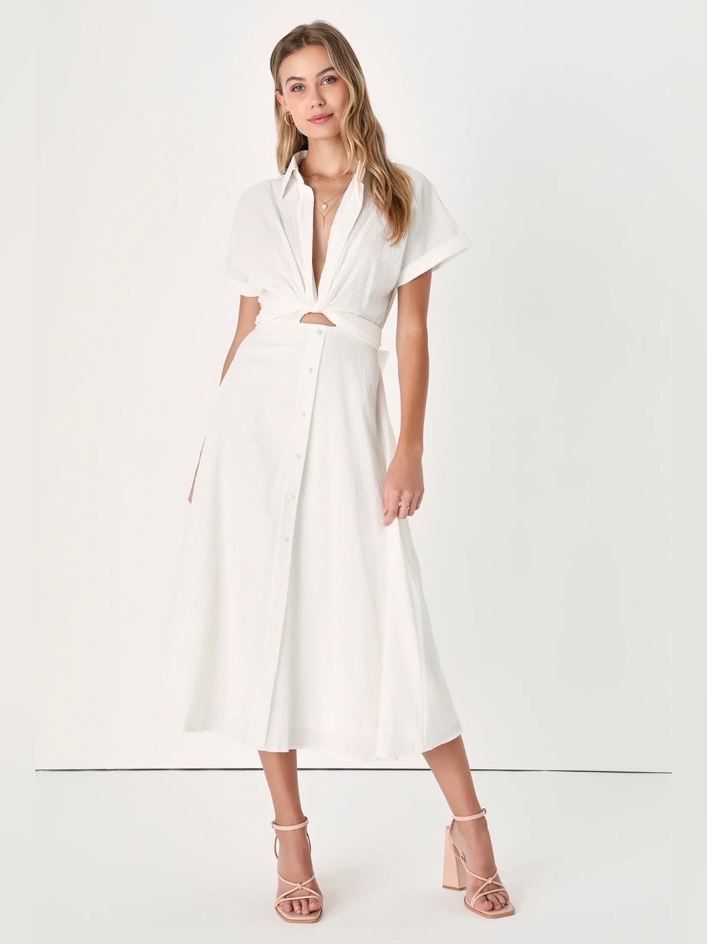 Lulu’s White Collared Midi Dress with Pockets